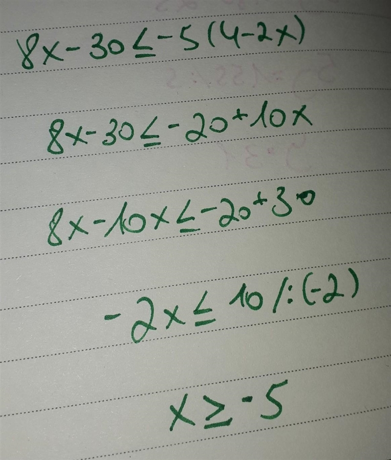 Solve the inequality for x. 8x-30< -5 (4- 2x) _-example-1