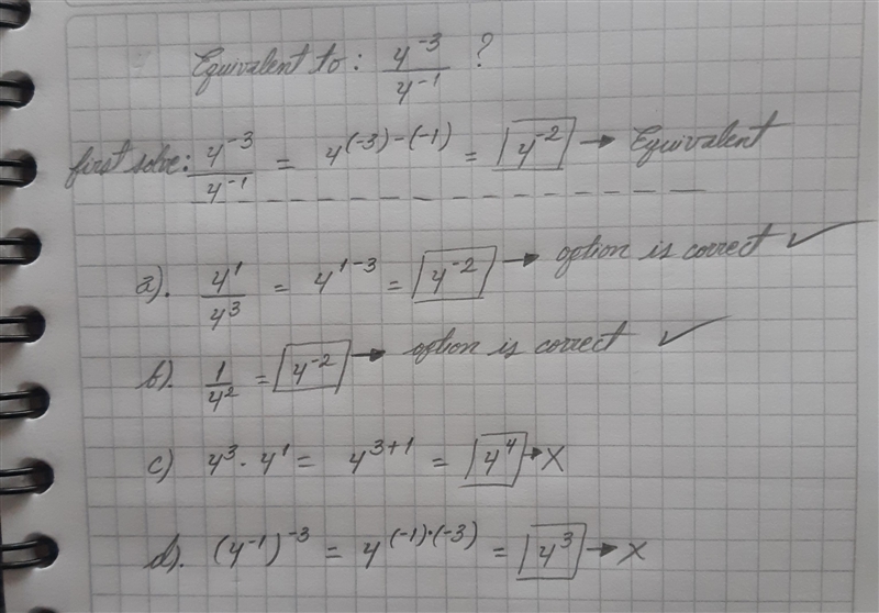 Which expressions are equivalent to \dfrac{4^{-3}}{4^{-1}} 4 −1 4 −3 ​ start fraction-example-1