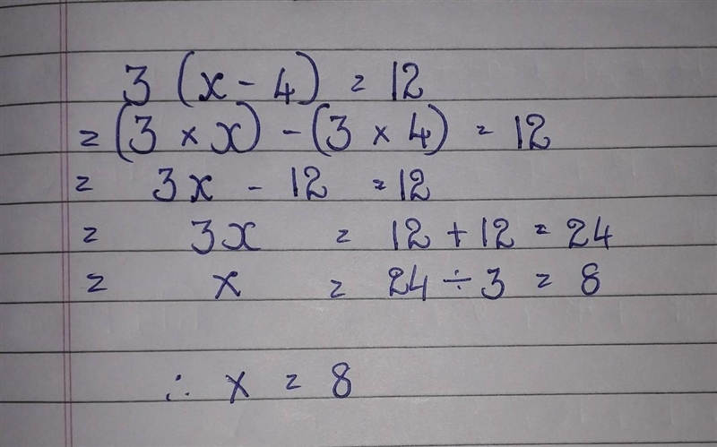 19 (a) Solve 3(x - 4) = 12-example-1