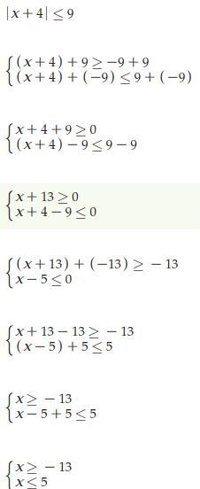 Solve the following inequality algebraically. |x+4| ≤ 9-example-1