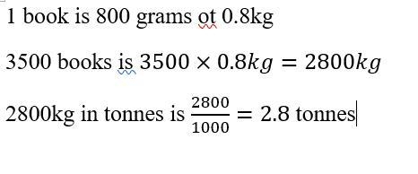 What is the total mass (in tonnes) of 3 500 books each of mass 800 grams?-example-1