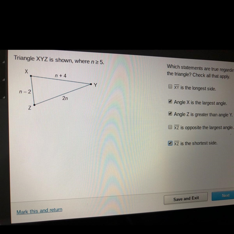 Which statements are true regarding the sides and angles of the triangle? Select three-example-1