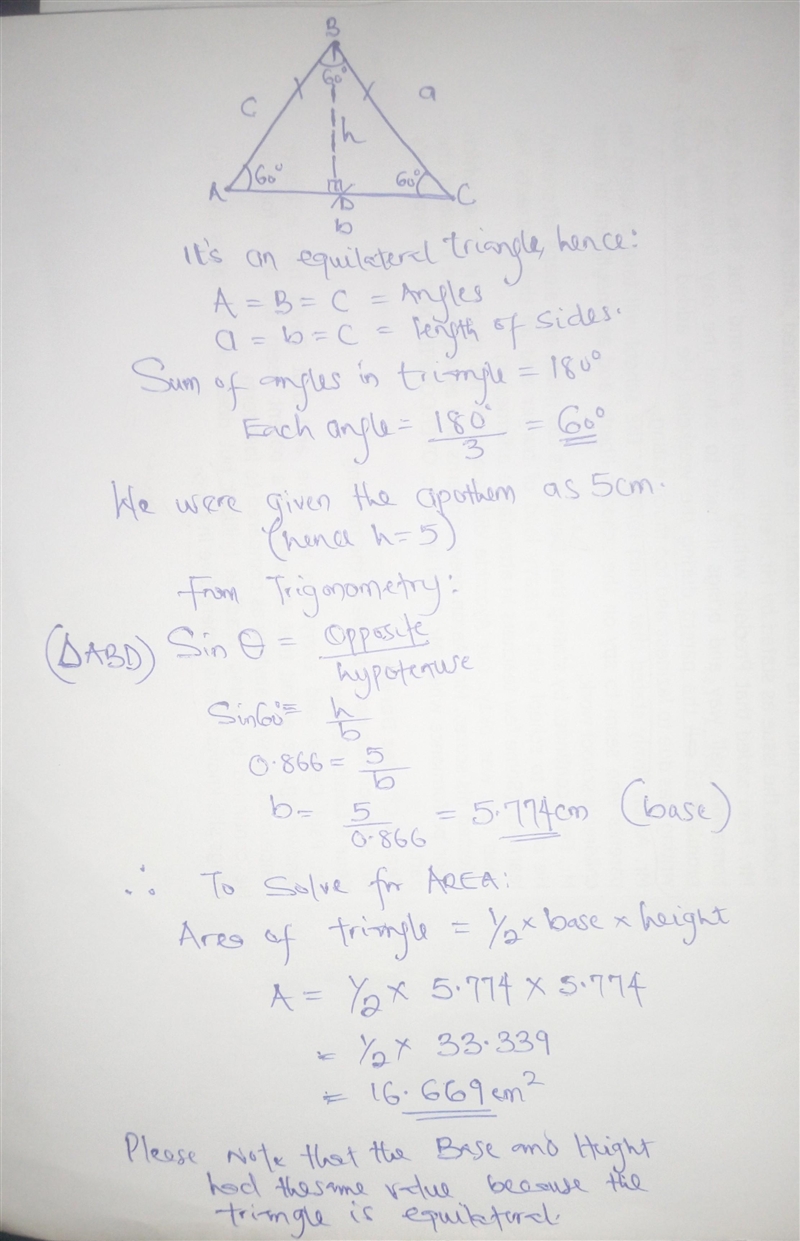 Find the area of an equilateral triangle with apothem of 5cm.-example-1