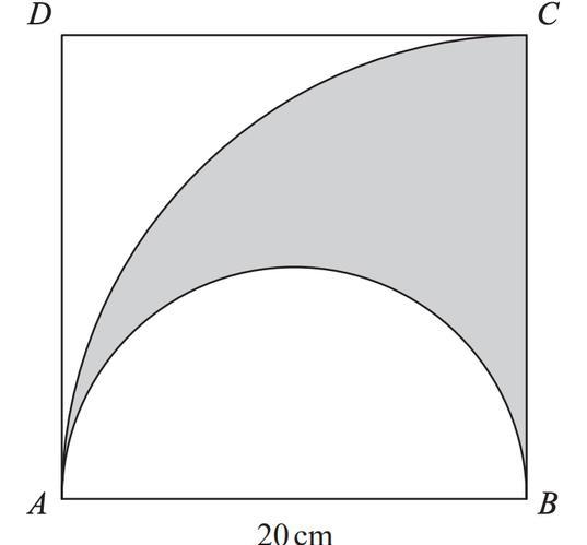 The diagram shows a square ABCD with sides of length 20cm. it also shows a semi circle-example-1