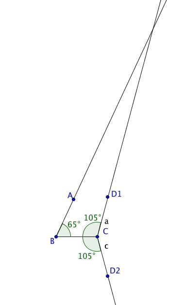 Given that angle ABC=65° and angle BCD=105°. Is it possible (consider all cases): that-example-1