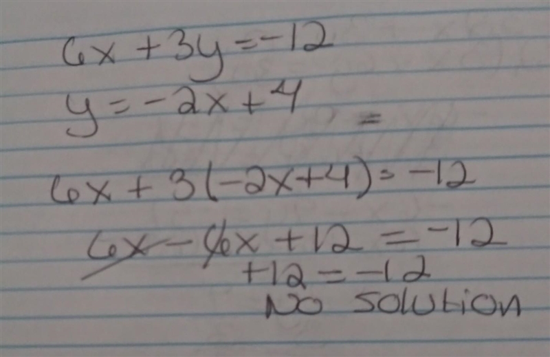 How many solutions does this system have? 6 x + 3 y = negative 12. y = negative 2 x-example-1