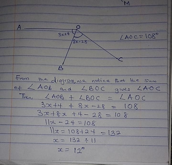 Given \qquad m \angle aoc = 108^\circm∠aoc=108 ​∘ ​​ space, m, angle, a, o, c, equals-example-1