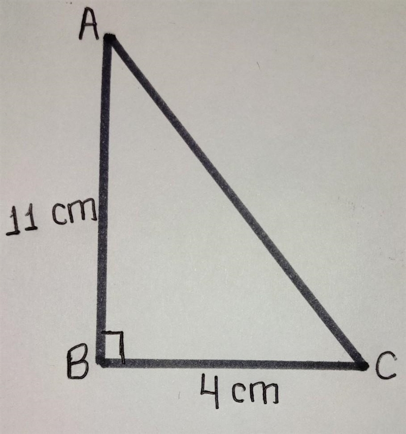 using Pythagoras theorem, caclutale AC AB=11cm BC=4CM AC=unknown using Pythagoras-example-1