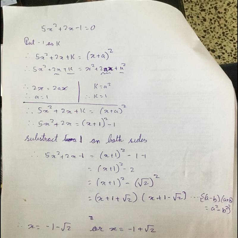 Completing the square 5x^2 + 2x=1 What is the step by step answer please help?-example-1