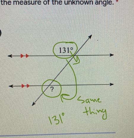 Find the measure of the unknown angle.-example-1