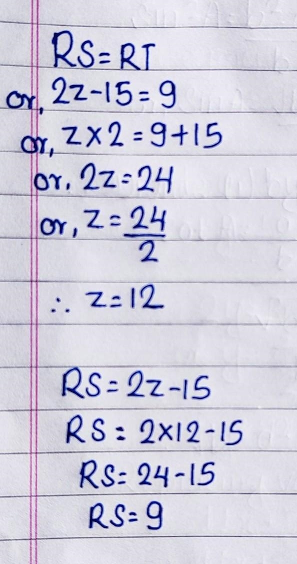 Find the value of z and the length of side RS. z is equal to__ units. Side RS measures-example-1