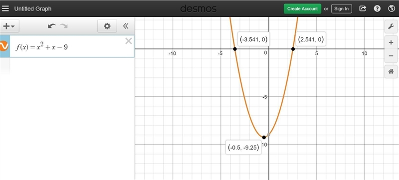 Between which two ordered pairs does the graph of f(x) = one-halfx2 + x – 9 cross-example-1