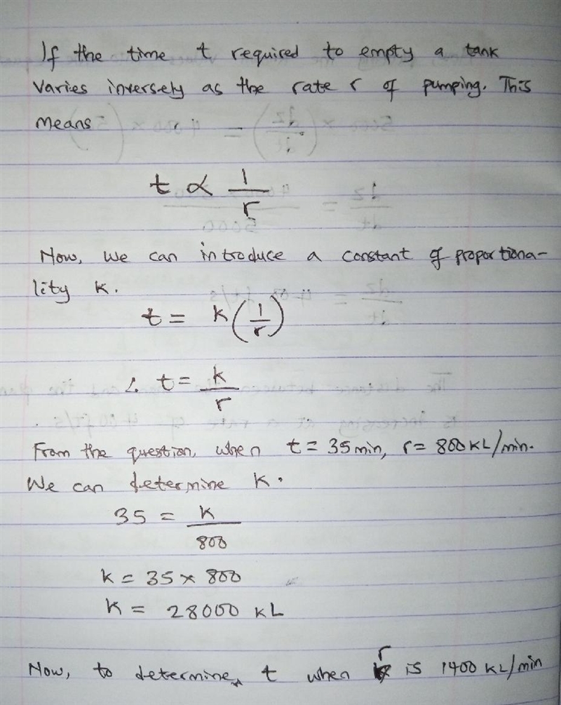 The time t required to empty a tank varies inversly as the rate r of pumping. If a-example-1