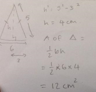 What is the area of an isosceles triangle whose equal sides 5 cm and base side 6 cm-example-1