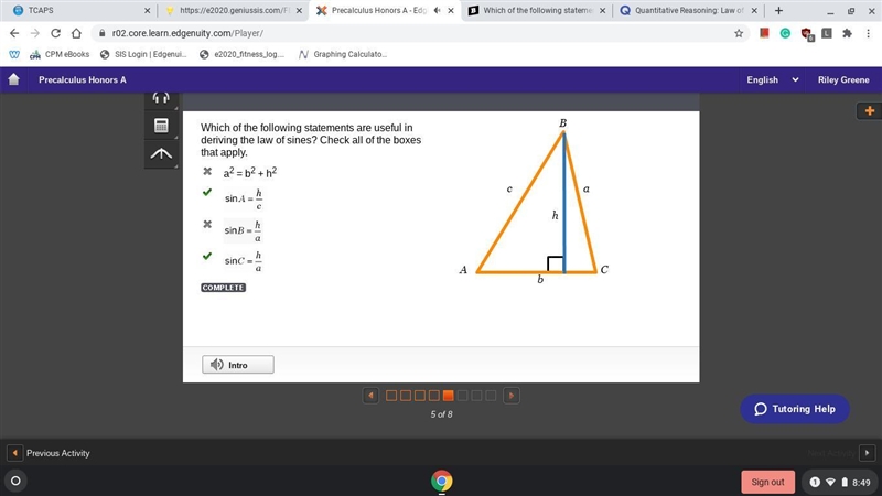 Which of the following statements are useful in deriving the law of sines? Check all-example-1