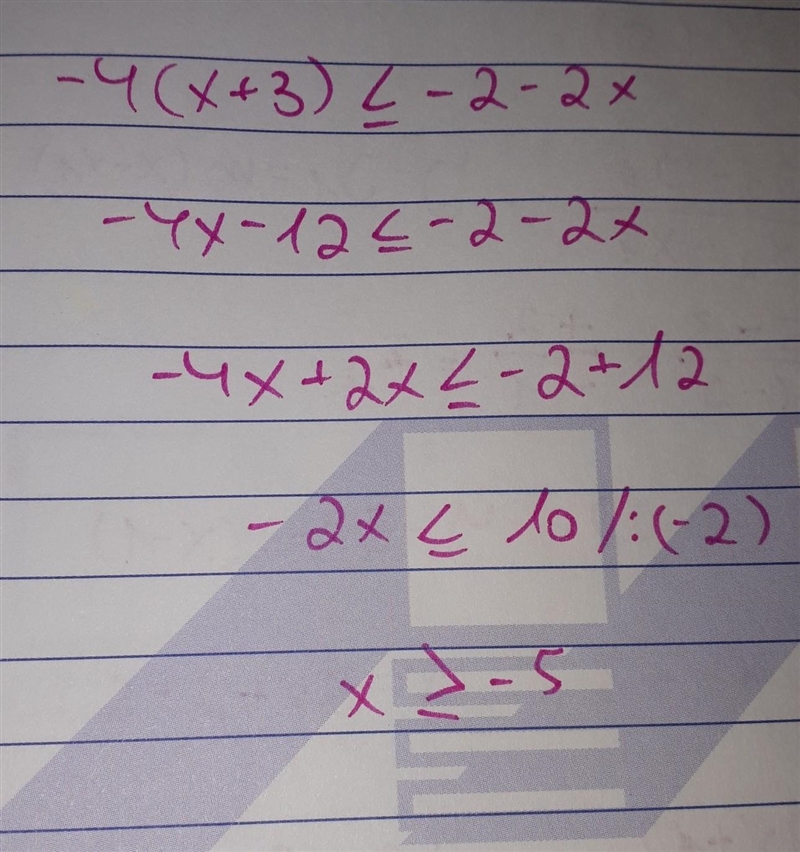 Which number line represents the solution set for the inequality -4(x+3)<-2-2x-example-1