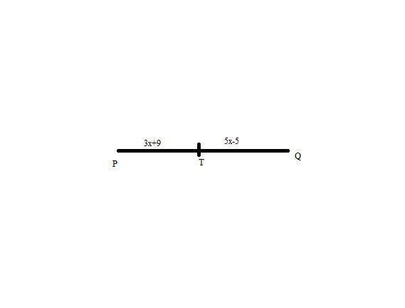 Use the figure to the right to find the value of PT. T is the midpoint of PQ. PT = 3x-example-1