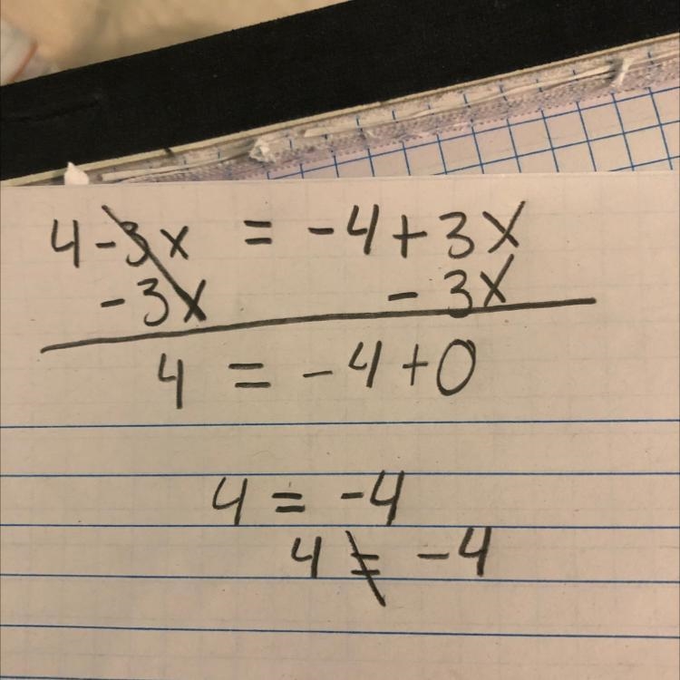 How many solutions does 4-3x=-4+3x-example-1