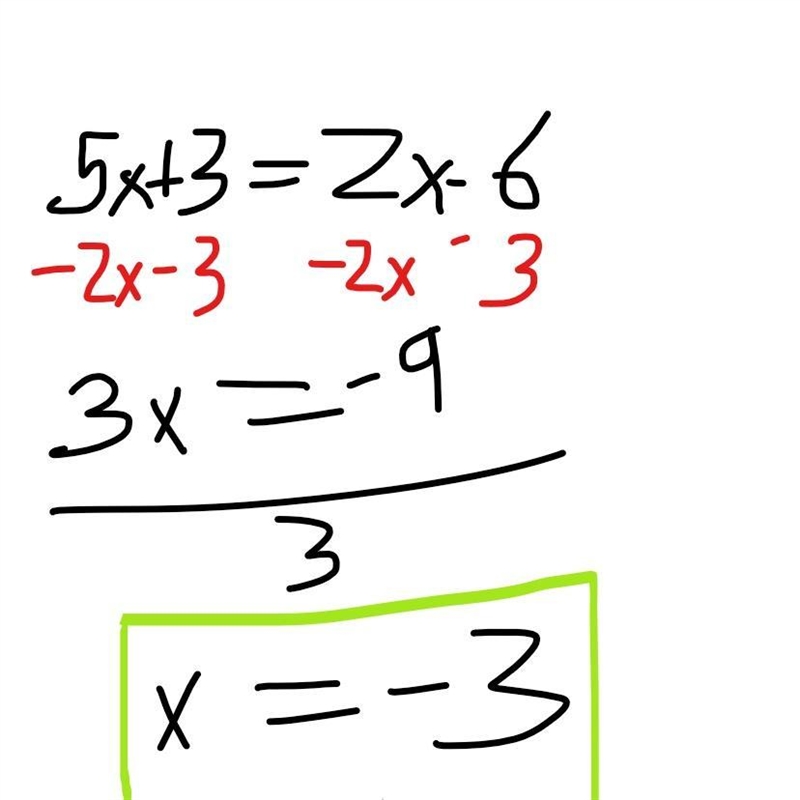 What is the solution to this equation? 5x+3=2x-6-example-1