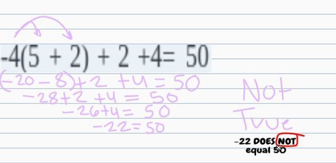 Solve for the equation -4(5 + 2) + 2 +4= 50-example-1