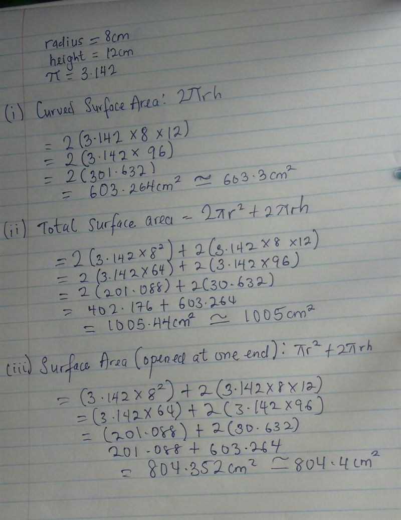 A cylinder with the base radius of 8cm and has a height 12cm.Calculate to four significant-example-1