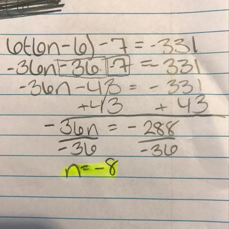 Solve for n. Make sure to show all your work. 6(-6n-6)-7=-331-example-1