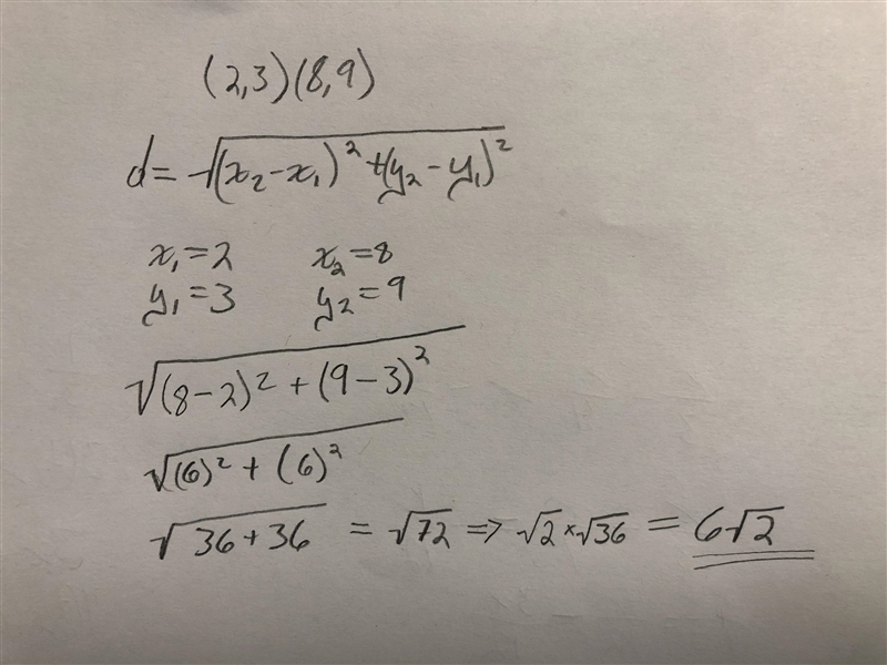 What is the distance between (2,3) (8,9)-example-1