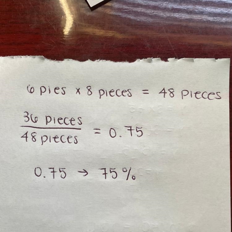 10.) Sally cooks 6 pies and each pie is cut into 8 pieces. If she sells 36 pieces-example-1