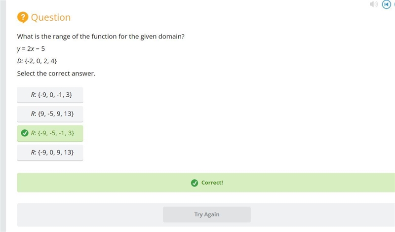 What is the range of the function for the given domain? y = 2x - 5 D: (-2,0, 2,4} Select-example-1