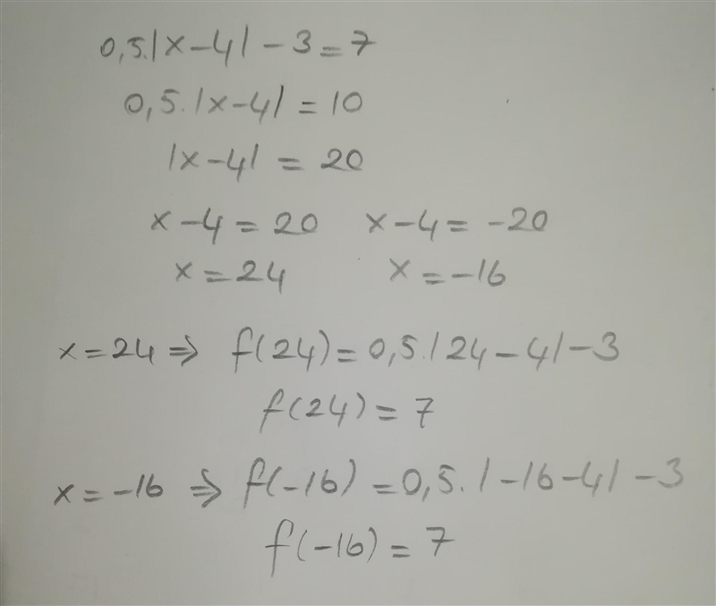 Give the function f(x)= 0.5lx - 4| -3, for what values of x is f(x) = 7-example-1