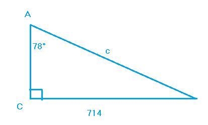 HELP FAST! In triangle ABC, the right angle is at vertex C, a = 714 cm and the measure-example-1