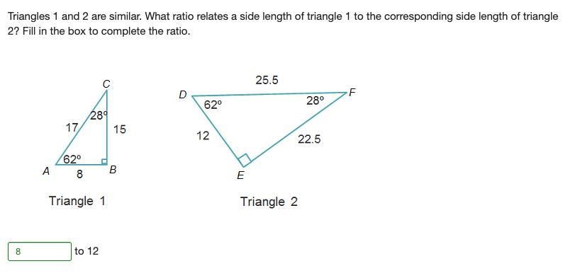 Triangles 1 and 2 are similar. What ratio relates a side length of triangle 1 to the-example-1