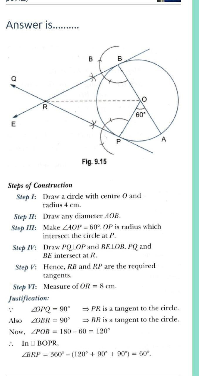 Draw a circle of radius 4cm construct a pair of tangents to it the angle between which-example-1