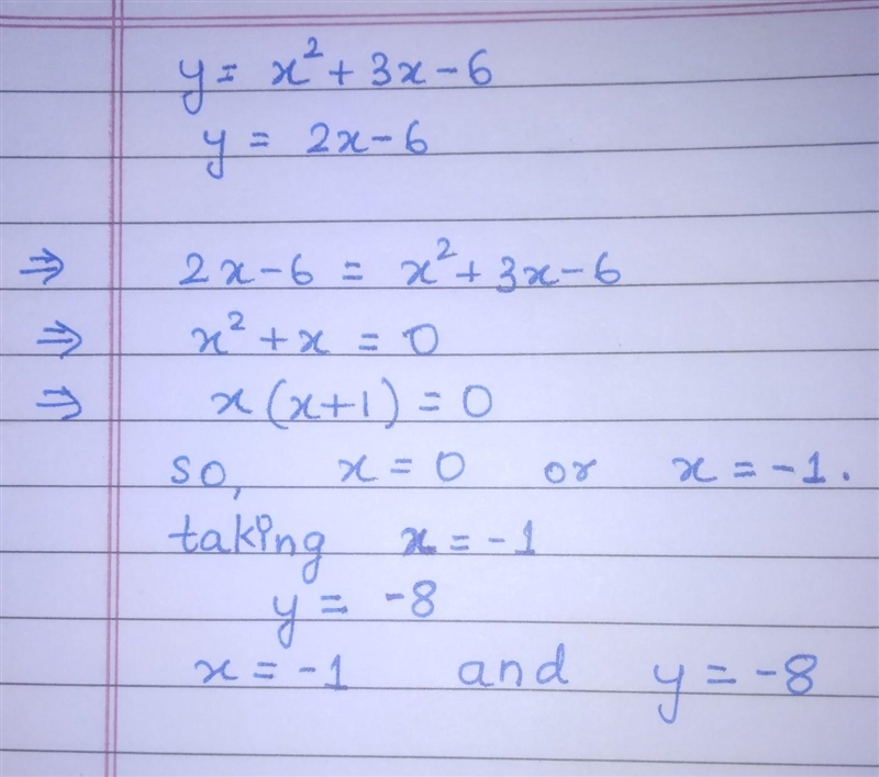 Solve the system of equations: y=x^2+3x-6 y=2x-6-example-1