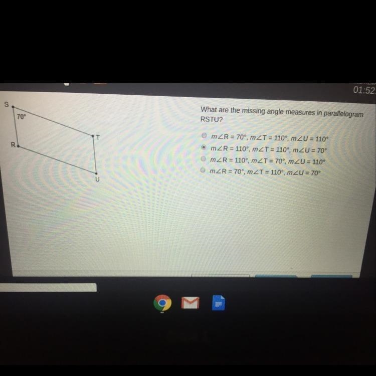 Parallelogram R S T U is shown. Angle S is 70 degrees. What are the missing angle-example-1