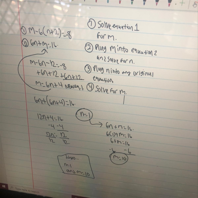 Given the equations below what is the value of n/m? m-6(n+2)=-8 6n+m=16-example-1