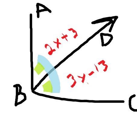 If BD bisects ABC, ABD = 2x + 3, and DBC = 3x - 13, find ABD.-example-1