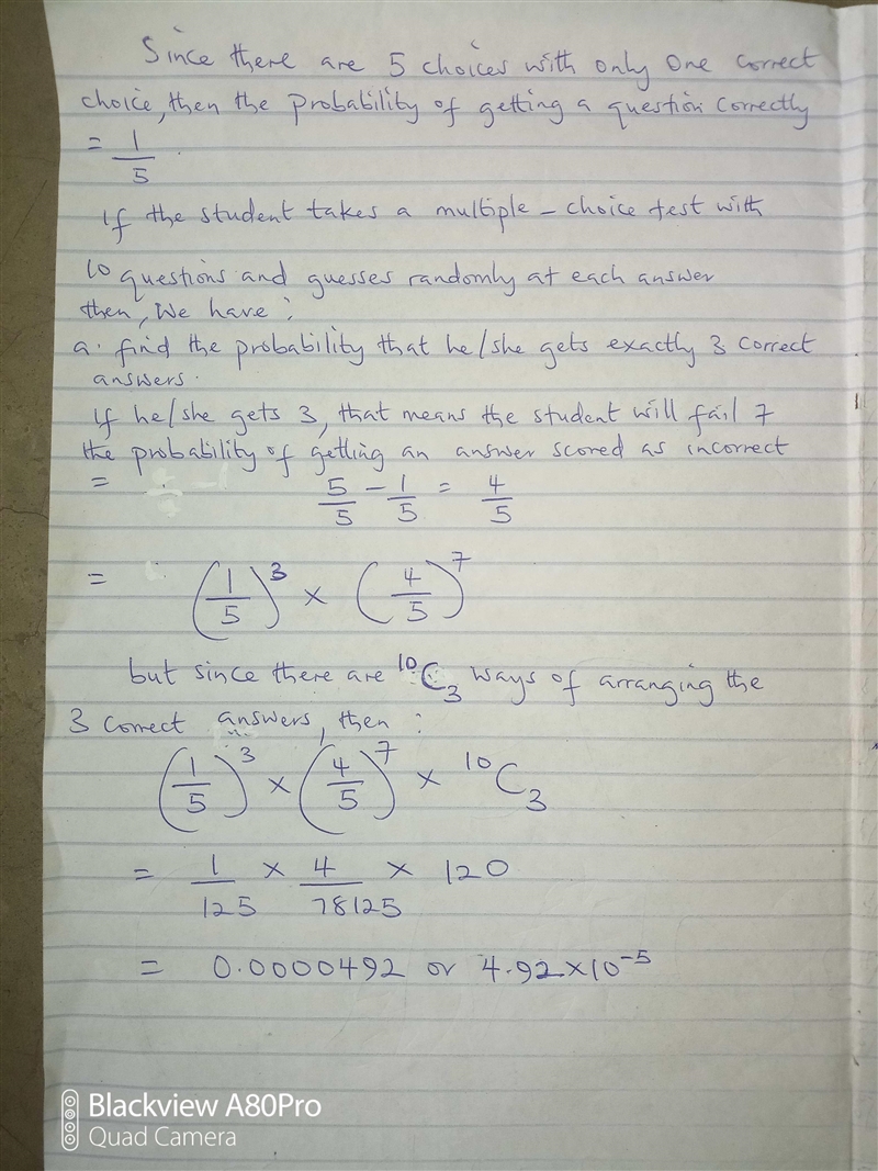 A student takes a multiple-choice test with 10 questions and guesses randomly at each-example-1