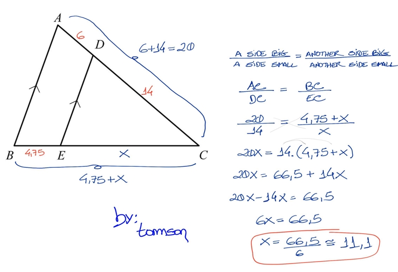 If AD = 6, DC = 14, and BE = 4.75, calculate EC. Image not set to scale.-example-1