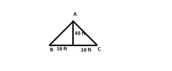 An A-frame house is 45 feet high and 32 feet wide. Find the measure of the angle that-example-1