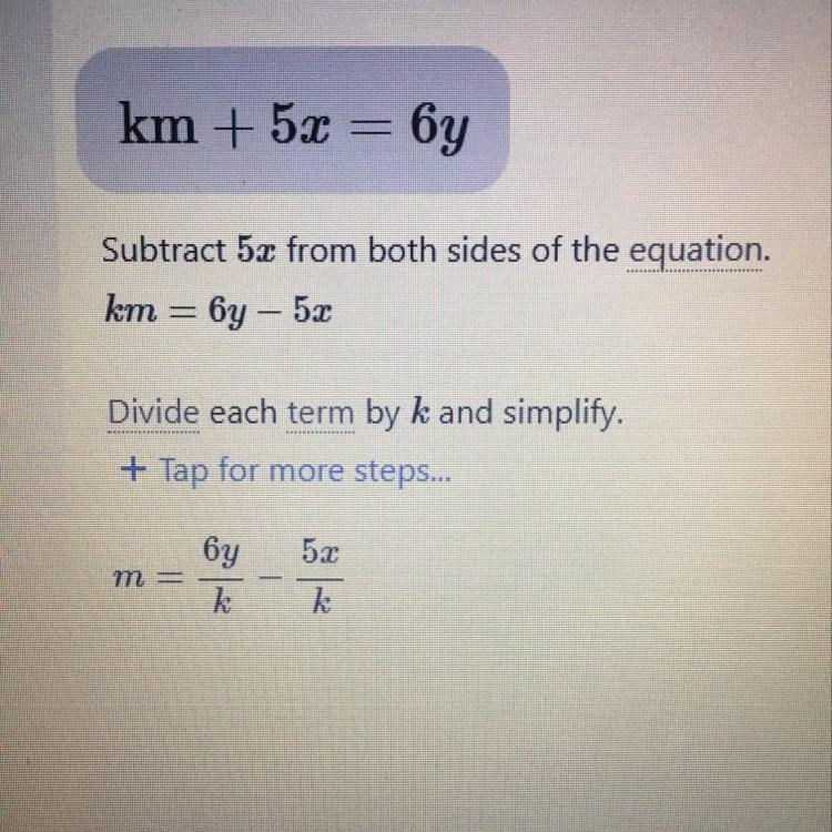 Solve the following equation for m. km+5x=6y-example-1