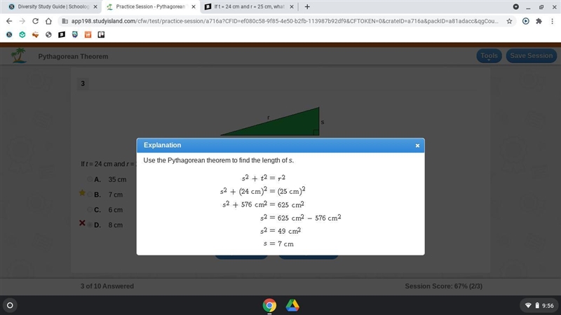 If t = 24 cm and r = 25 cm, what is the length of s?-example-1