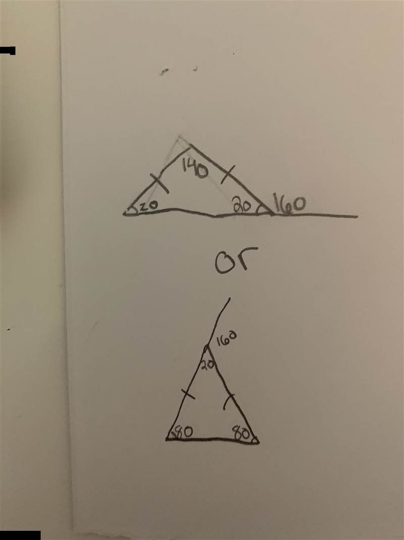 An exterior angle of an isosceles triangle has a Measure 160°. Find two possible sets-example-1