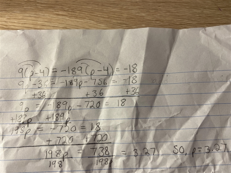 Solve for p: 9(p-4)=-189(p−4)=−18-example-1