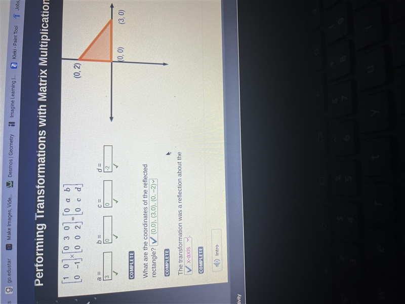 Calculate this reflection of the triangle: 1 Го зого а ь x 0 -1 0 0 2 0 O ed a = b-example-1