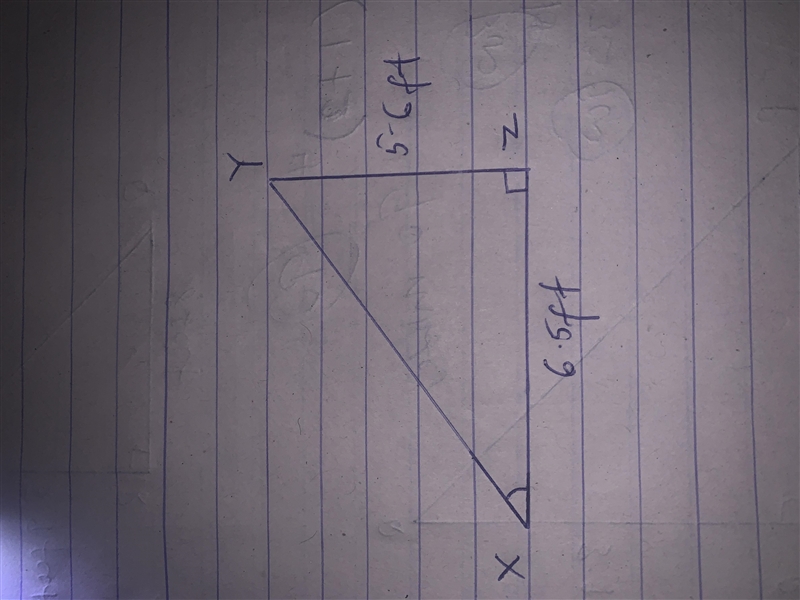 In ΔXYZ, the measure of ∠Z=90°, YZ = 5.6 feet, and ZX = 6.5 feet. Find the measure-example-1