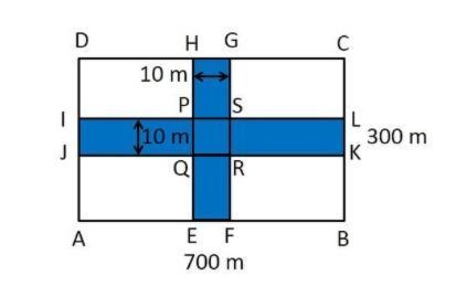 Two cross roads, each of width 10 m, cut a right angles through the centre of a rectangular-example-1