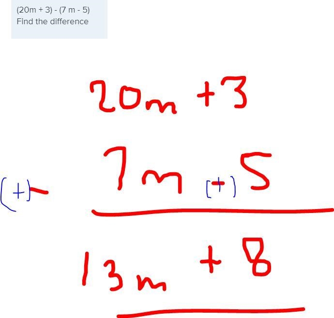 (20m + 3) - (7 m - 5) Find the difference-example-1