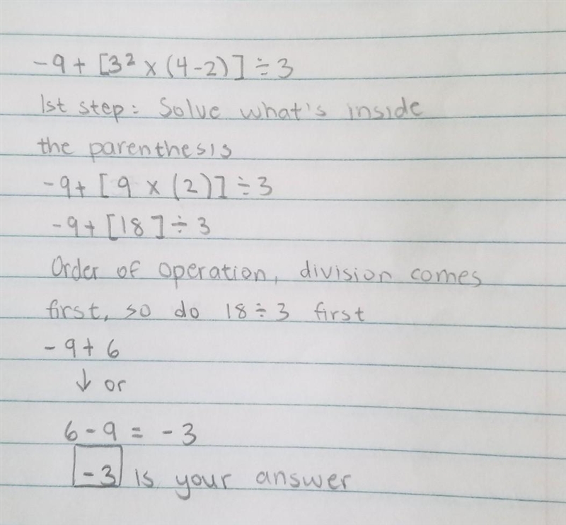 - 9 + [3² x (4 - 2)] ÷ 3 Plz do step by step if you want to but the answers help to-example-1