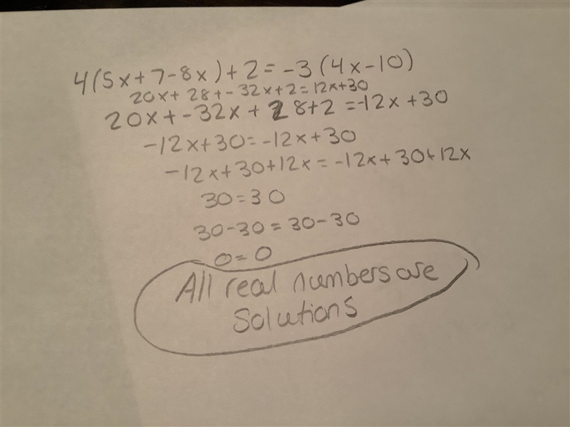 4(5x+7−8x)+2=−3(4x−10) need major help, how do you solve step by step?-example-1